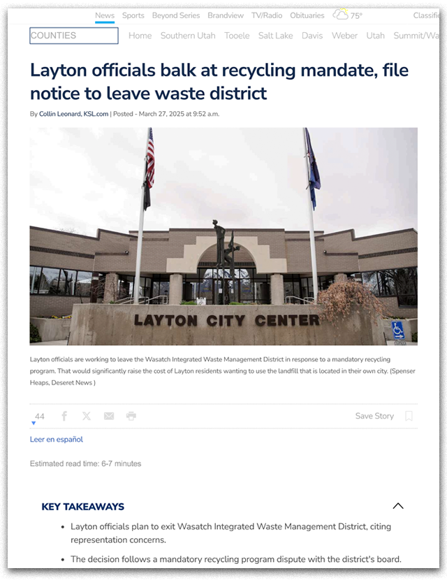 Layton officials balk at recycling mandate, file notice to leave waste district 